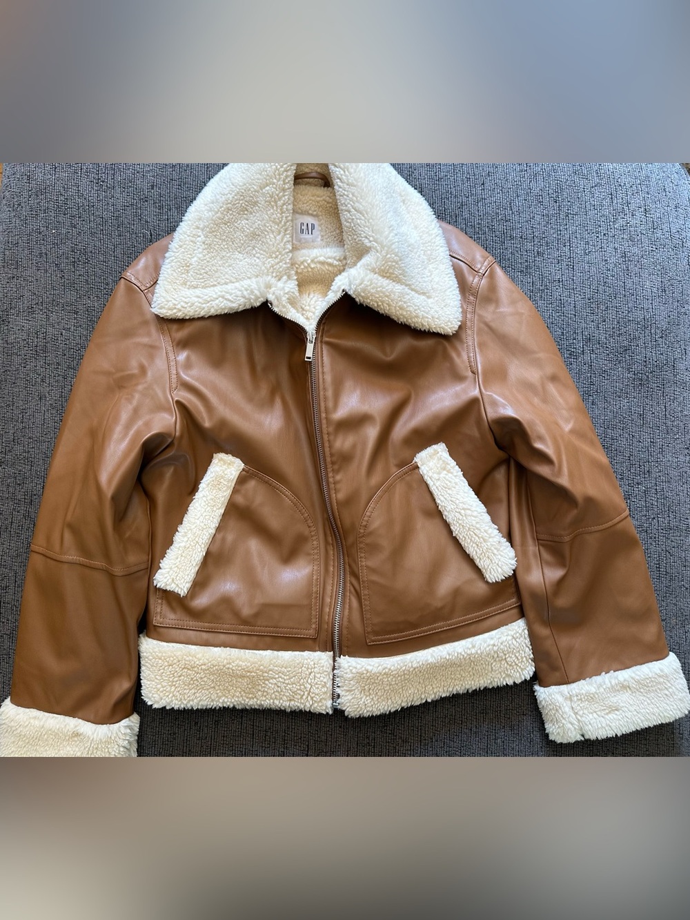 GAP Camel Faux Leather Jacket with Cream Sherpa Trim